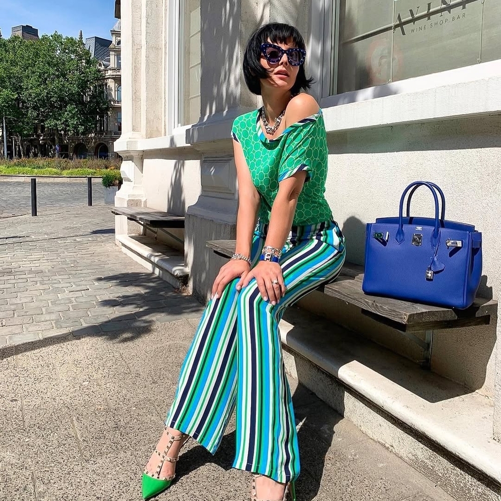 Vibrant Striped Green and Blue Wide Leg Pants And Top